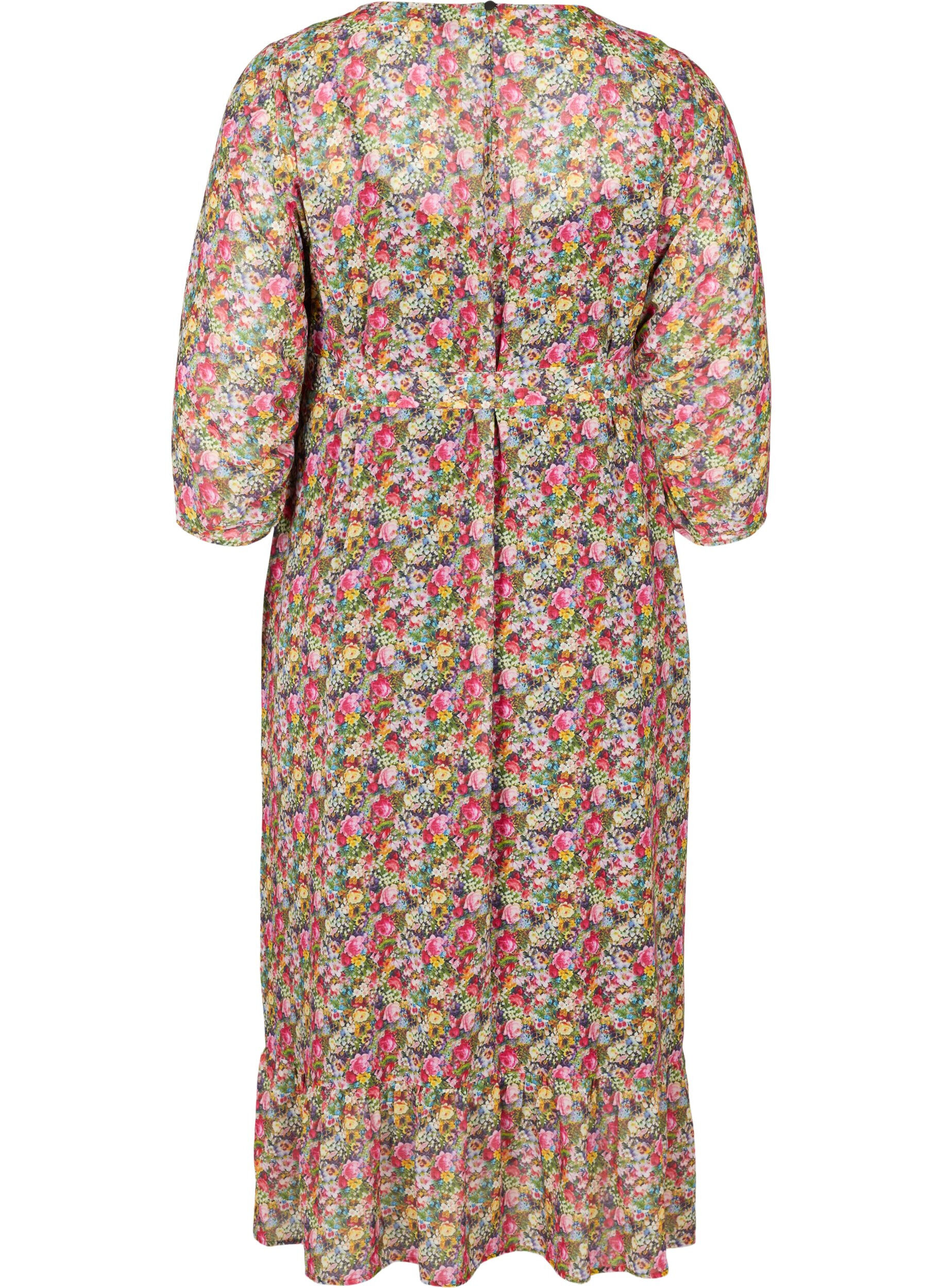 Zizzi Floral midi dress with a tie belt in the waist, Pink Flower AOP, Packshot image number 1
