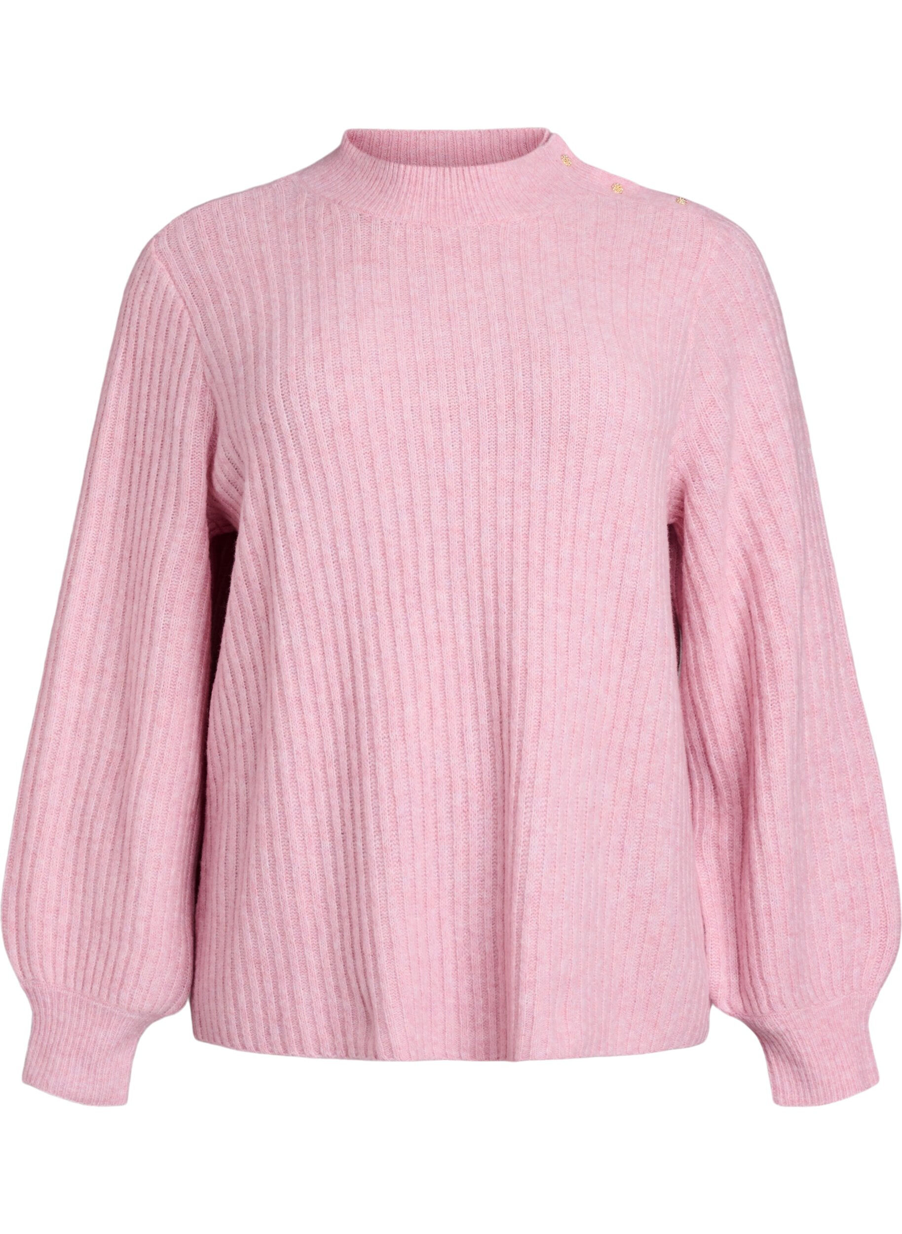 ZizziPrazkowany sweter z bufiastymi rekawami i guzikami, R&oacute;żowy, Packshot image number 0