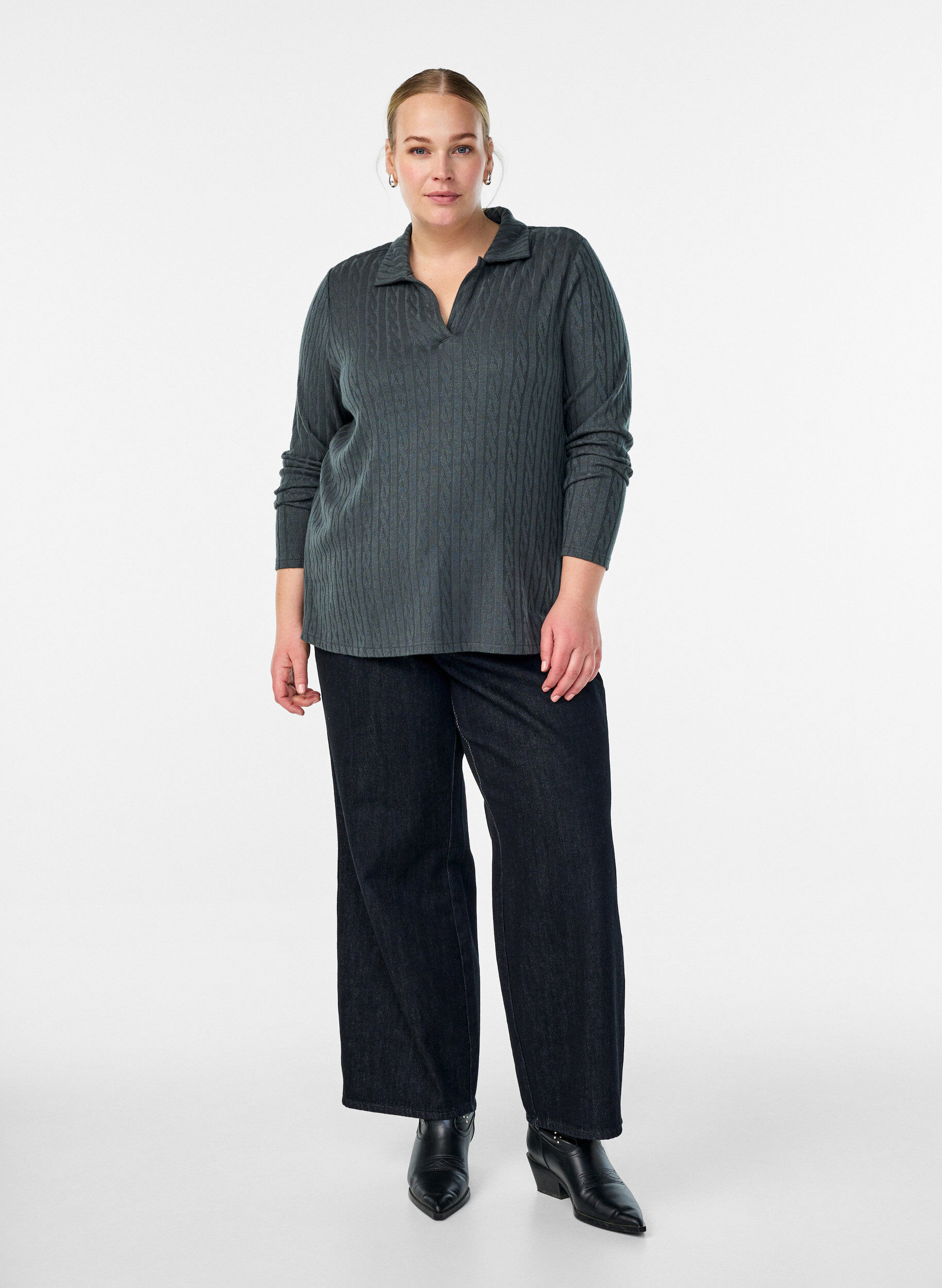 Zizzi Bluzka dzianinowa z kolnierzykiem i splotem kablowym, Zielony, Model image number 1