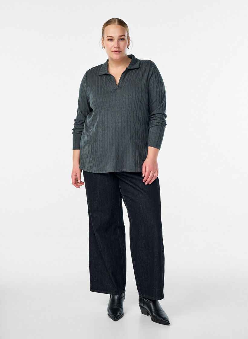 Bluzka dzianinowa z kolnierzykiem i splotem kablowym, Zielony, Model image number 1