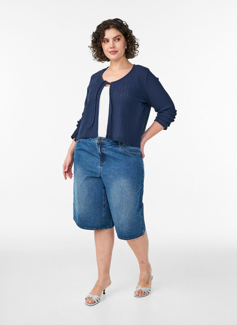 Kardigan z dzianiny z faktura i kokardka z przodu, Niebieskie, Model image number 1