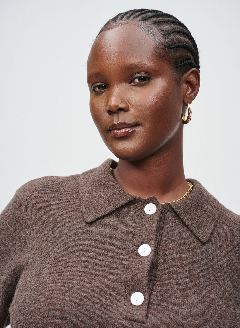 Dzianinowa bluzka z kolnierzykiem polo, z miekkiej mieszanki welny merynosów, Brązowy, Image image number 0