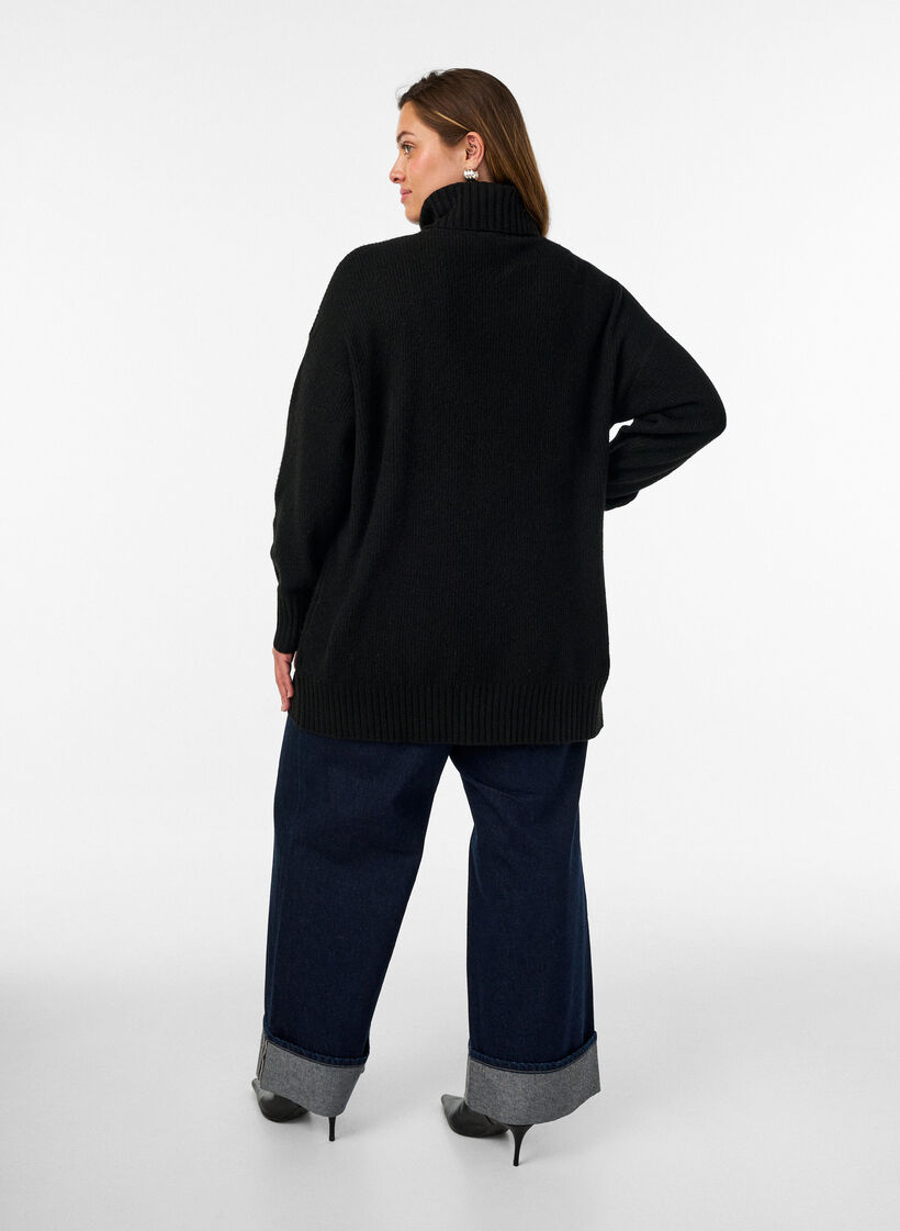 Sweter o luznym splocie z golfem, Czarne, Model image number 2