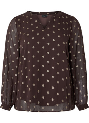 Bluzka z nadrukiem i dekoltem w szpic, Fudge/Gold Dots, Packshot image number 0