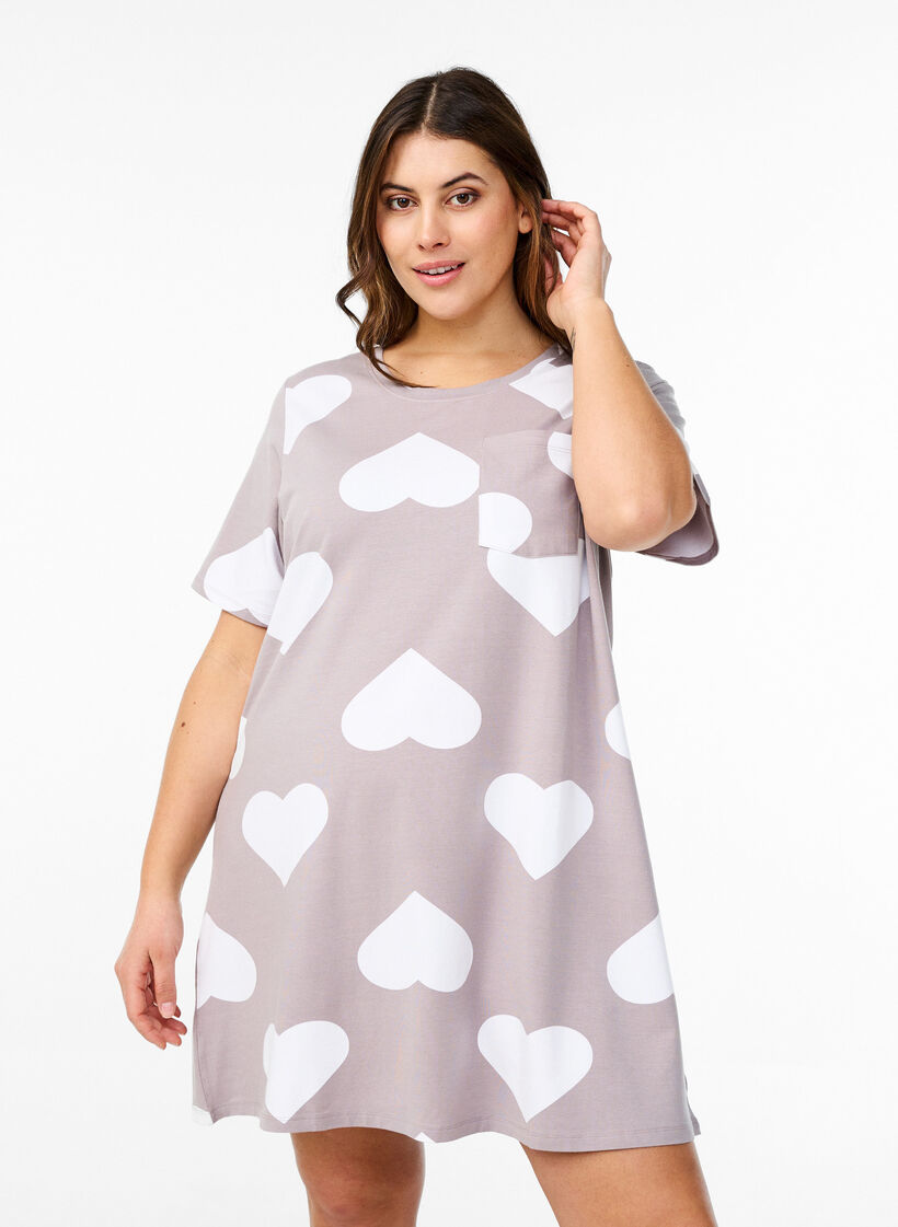 Dluga nocna koszulka z mieszanki modalu z serduszkami, Szary, Model image number 0