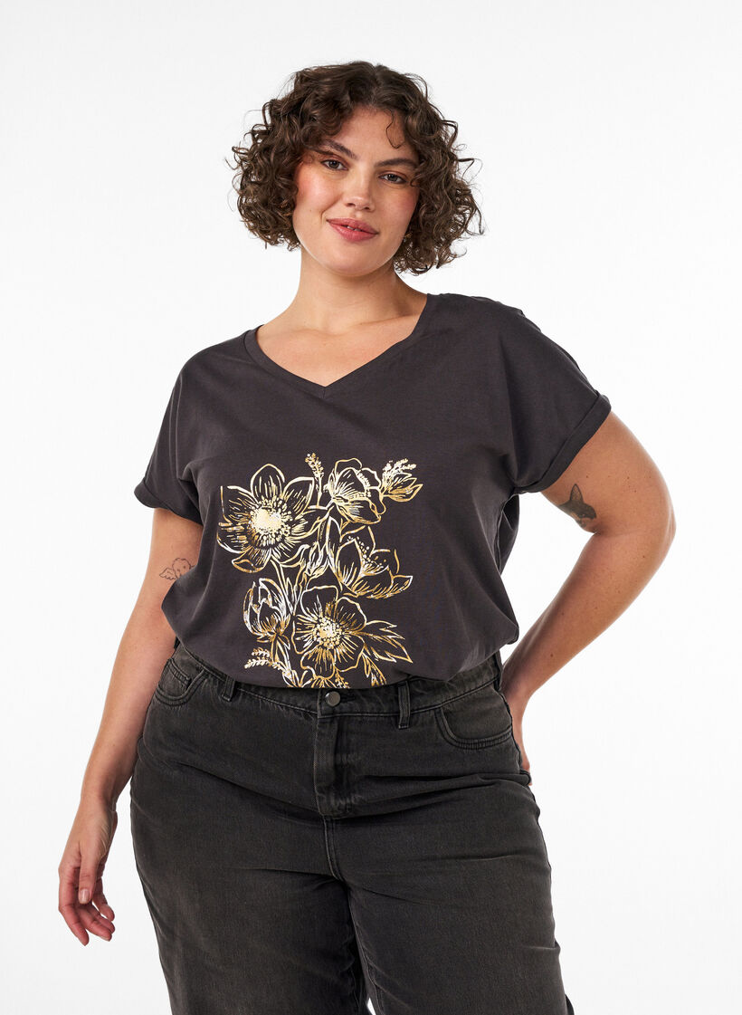 Bawelniany T-shirt z nadrukiem ze zlotej folii, Ciemnoszary, Model image number 0