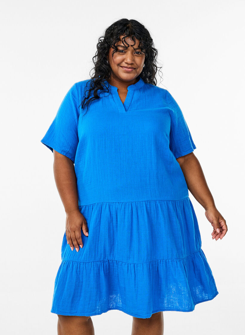 Kr&oacute;tka sukienka o linii A z bawelnianego muslinu, Niebieskie, Model image number 0