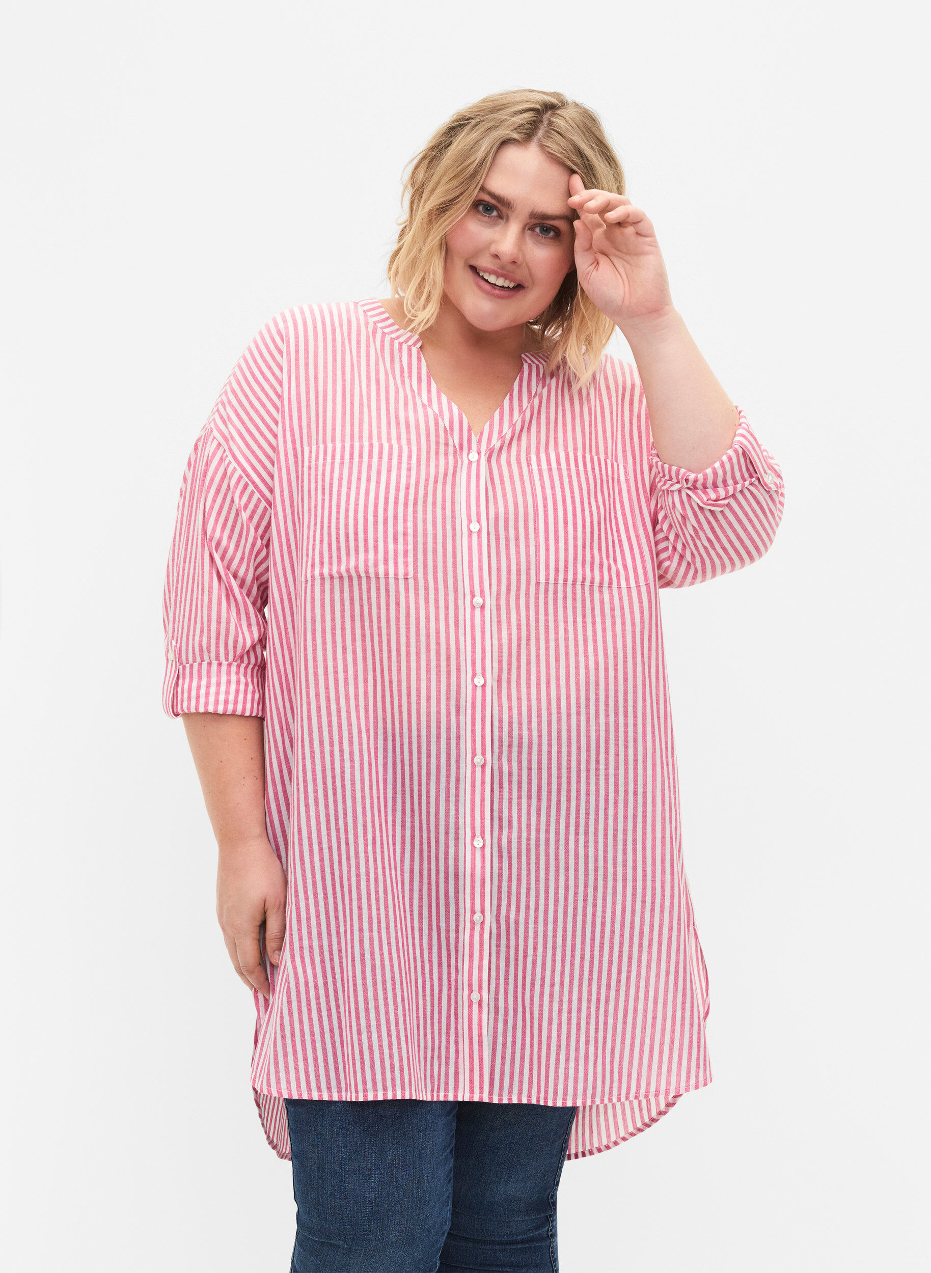 Zizzi Striped tunic with v neck and buttons, Beetroot Stripe, Model image number 0