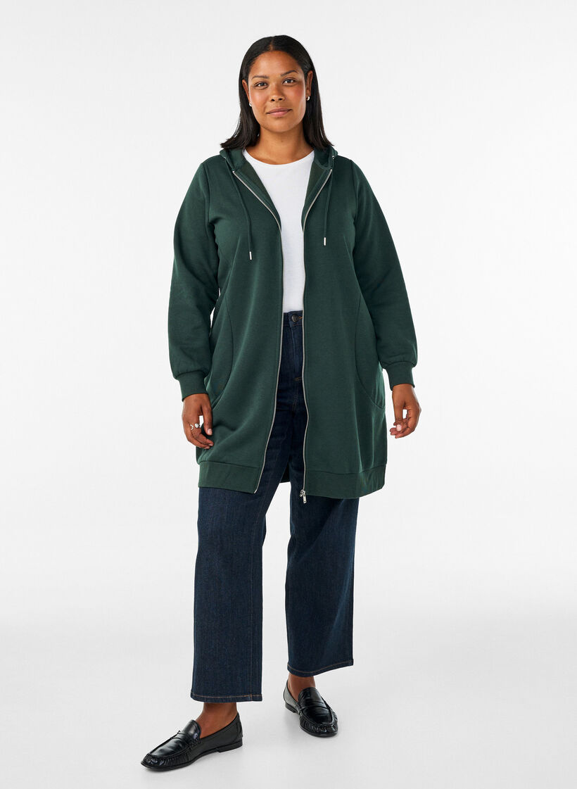 Dluga bluza z kapturem, zamkiem blyskawicznym i kieszeniami, Zielony, Model image number 1