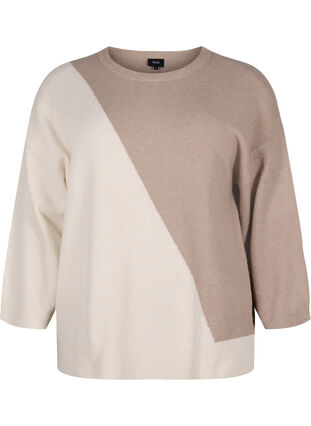 Dzianinowa bluzka z okraglym dekoltem i blokami kolorów, Simply Taupe Comb, Packshot image number 0