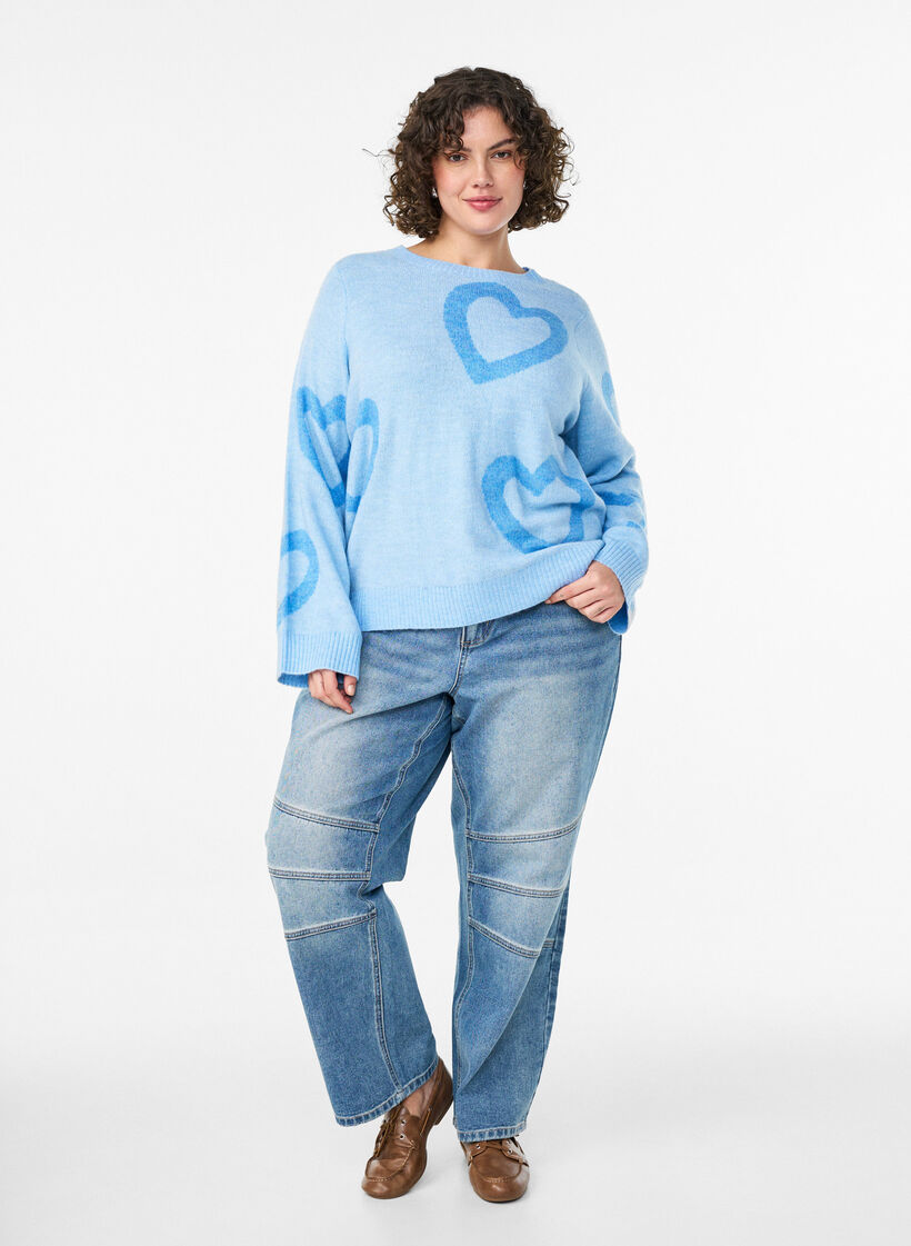 Bluzka dzianinowa z duzymi serduszkami i okraglym dekoltem, Niebieskie, Model image number 1