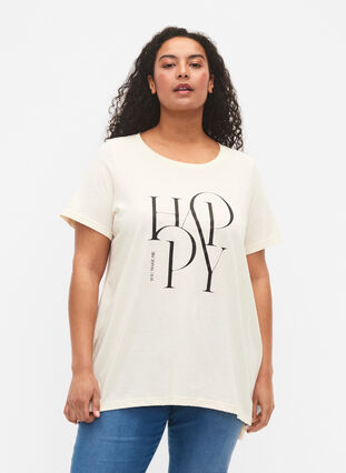 Bawelniany T-shirt z tekstowym nadrukiem, Buttercream HAPPY, Model image number 0