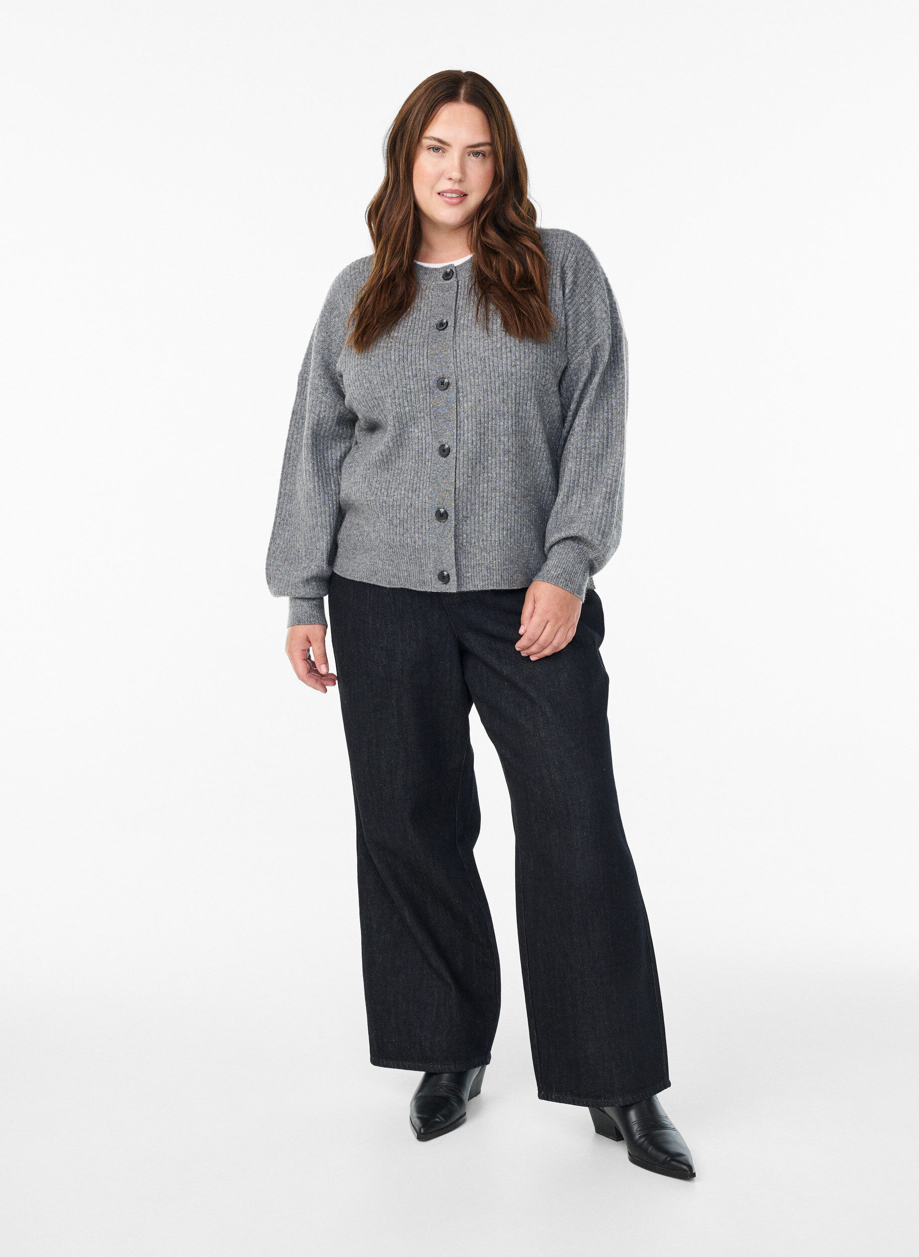 Zizzi Kardigan z rybim sciegiem i guziki, Szary, Model image number 1