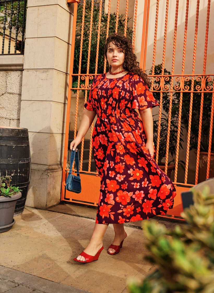 Sukienka z marszczeniem i nadrukiem kwiatowym, Fioletowy, Image image number 0