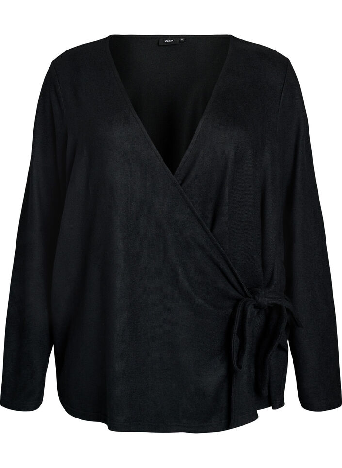 Bluzka z dzianiny w stylu &bdquo;wrap&rdquo; zawiazywana na kokardke, Czarne, Packshot image number 0