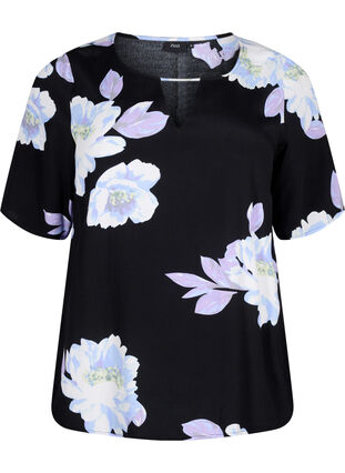 Wiskozowa bluzka z krótkim rekawem i nadrukiem, Black Big Flower AOP, Packshot image number 0