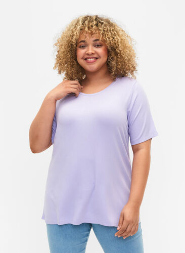 Prazkowana koszulka z wiskozy, Lavender, Model image number 0