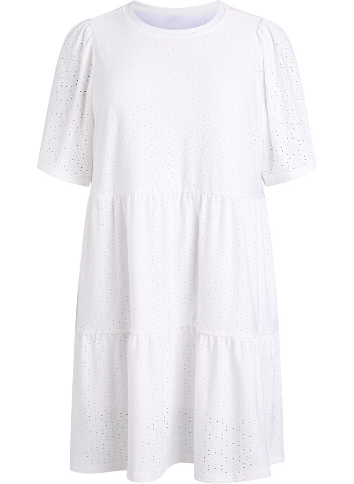 Kr&oacute;tka sukienka z koronkowym motywem i kaskadowa sp&oacute;dnica, Biały, Packshot image number 0