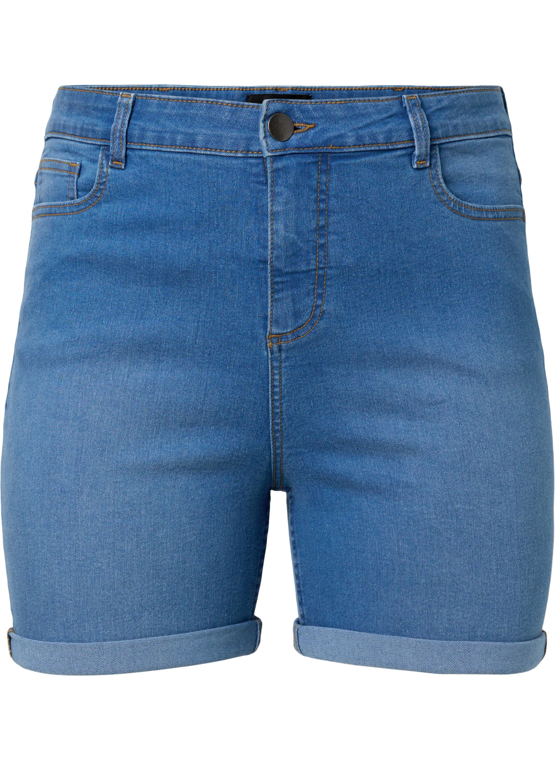 Zizzi Dopasowane szorty jeansowe z wysokim stanem, Medium Blue Denim, Packshot image number 0