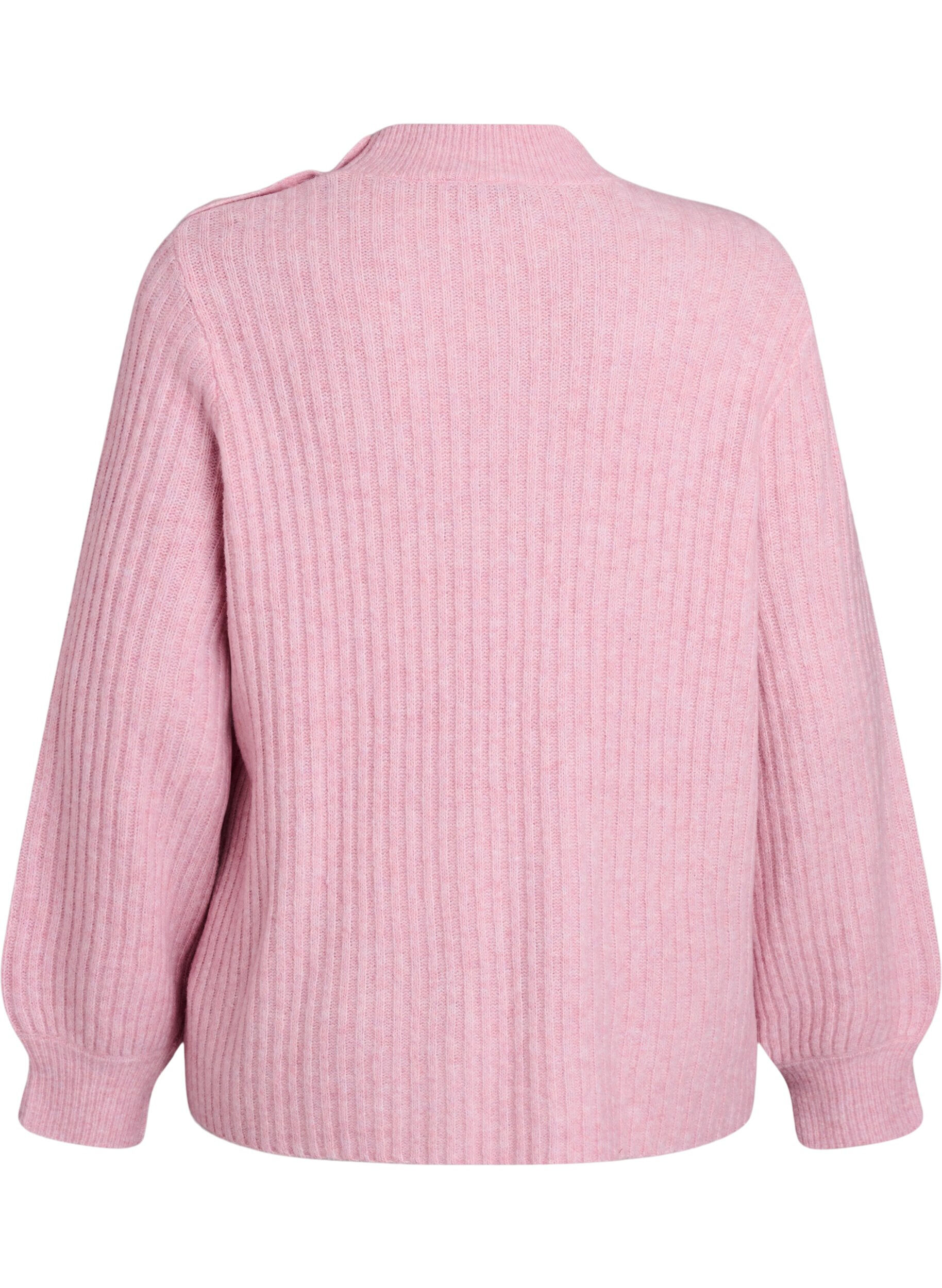 ZizziPrazkowany sweter z bufiastymi rekawami i guzikami, R&oacute;żowy, Packshot image number 1
