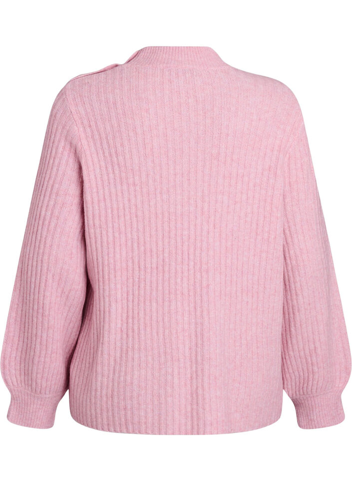 Prazkowany sweter z bufiastymi rekawami i guzikami, R&oacute;żowy, Packshot image number 1