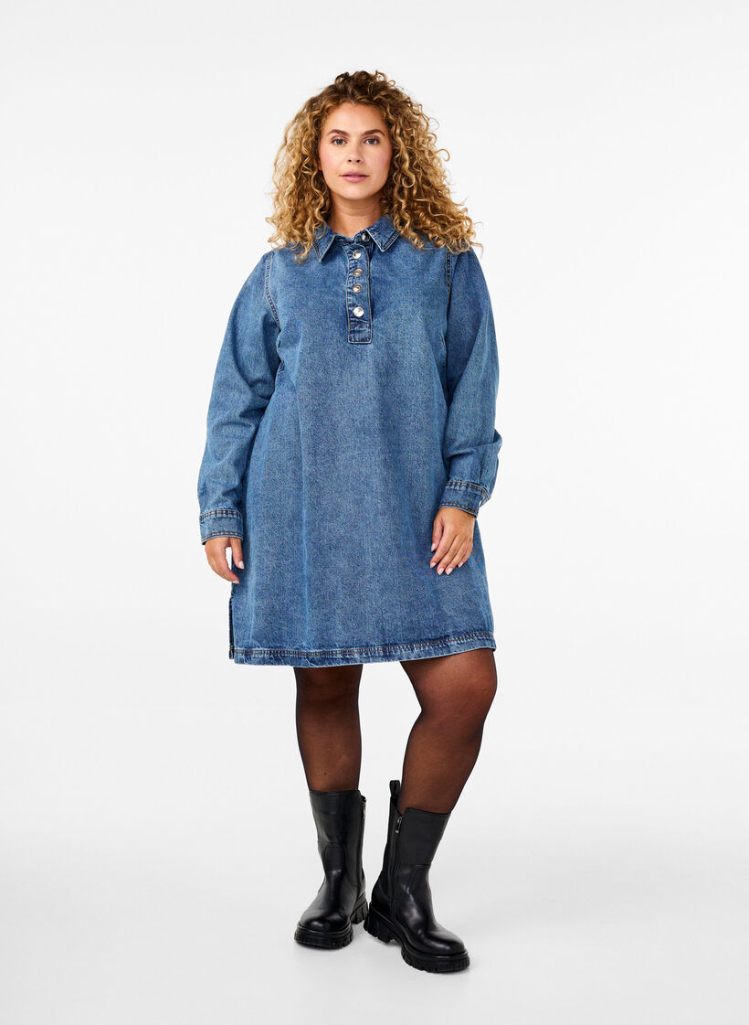Krótka dzinsowa sukienka w ksztalcie litery A z dlugimi rekawami, Blue Denim, Model image number 2