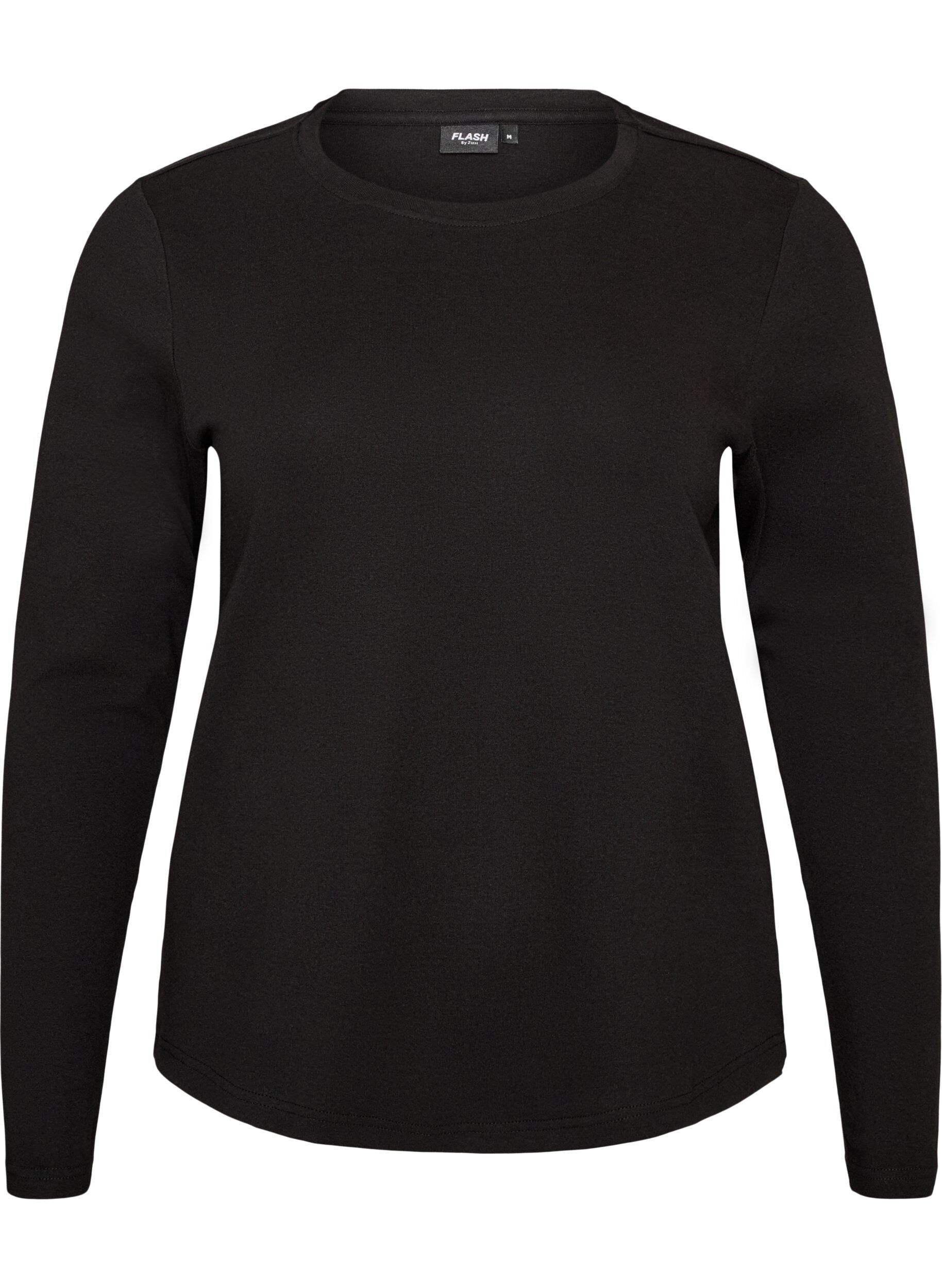 ZizziBasicowy T-shirt z dlugim rekawem i okraglym dekoltem, Czarne, Packshot image number 0