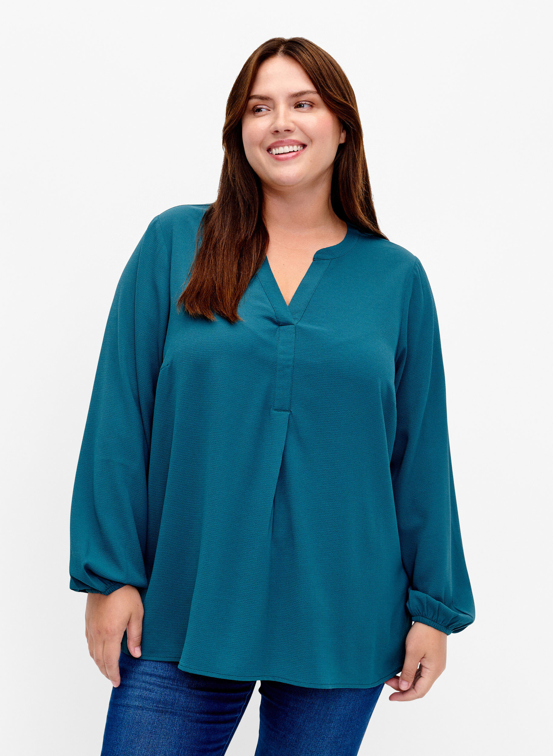 Zizzi Jednokolorowy top z dekoltem w szpic, Deep Teal, Model image number 0