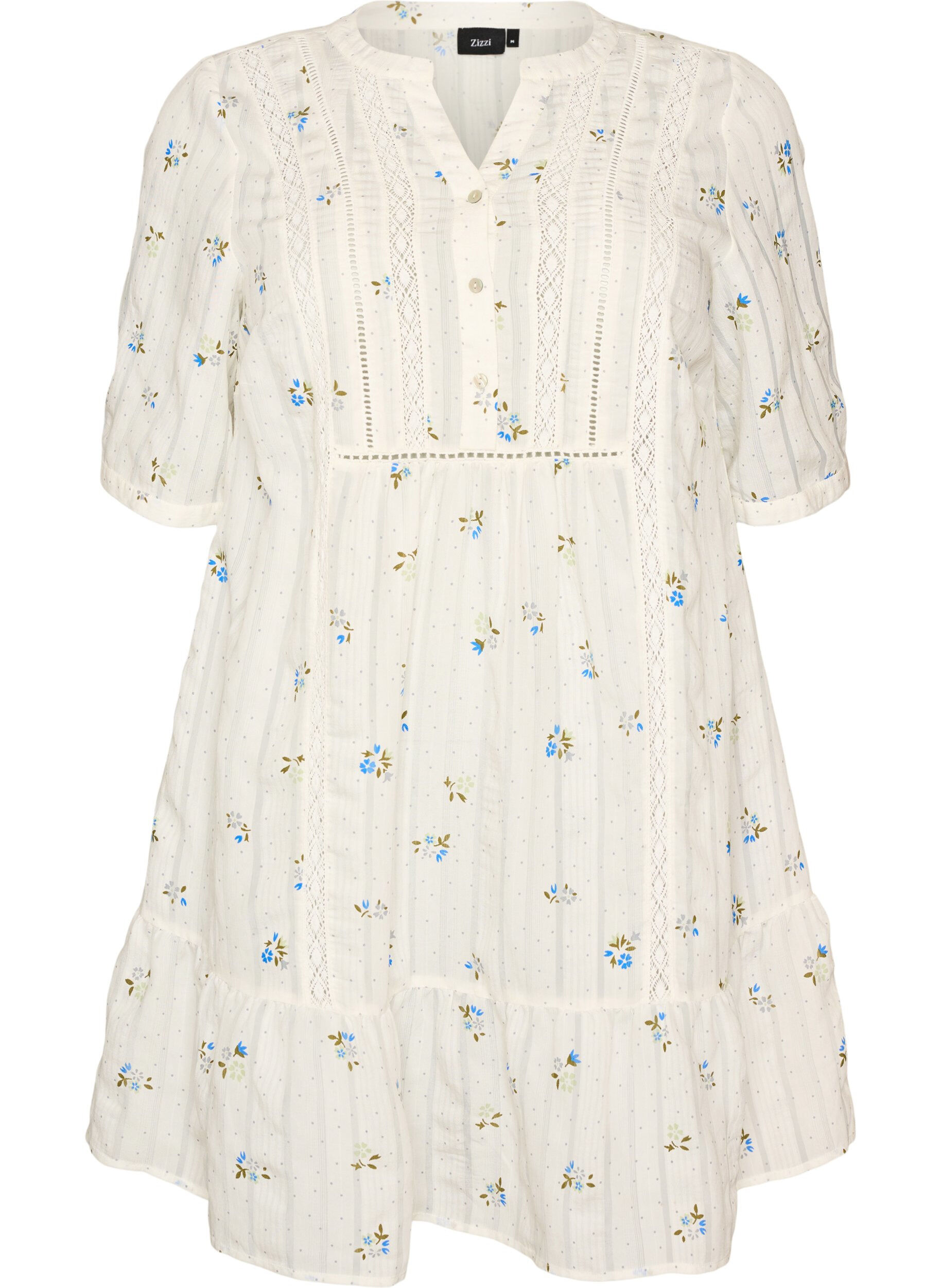 ZizziKr&oacute;tka, trapezowa sukienka z wiskozy z koronkowym wykonczeniem, Biały, Packshot image number 0