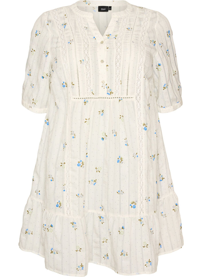 Kr&oacute;tka, trapezowa sukienka z wiskozy z koronkowym wykonczeniem, Biały, Packshot image number 0
