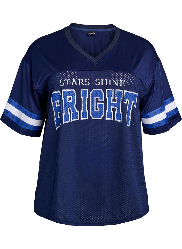 Koszulka treningowa z dekoltem w ksztalcie litery V i nadrukiem z przodu, Niebieskie, Packshot image number 0