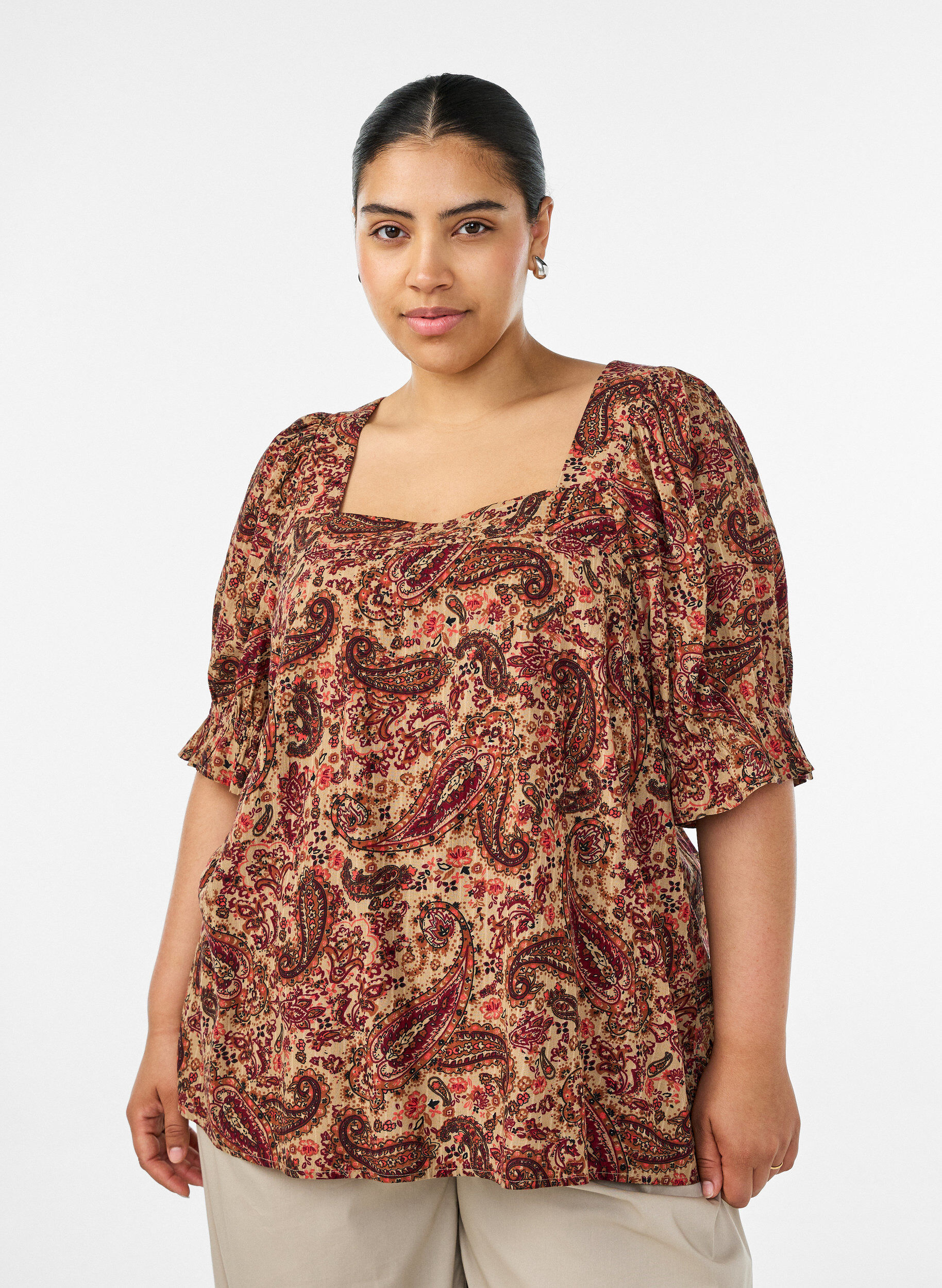 ZizziBluzka z wiskozy z paisley nadrukiem i kwadratowym dekoltem, Brązowy, Model image number 0