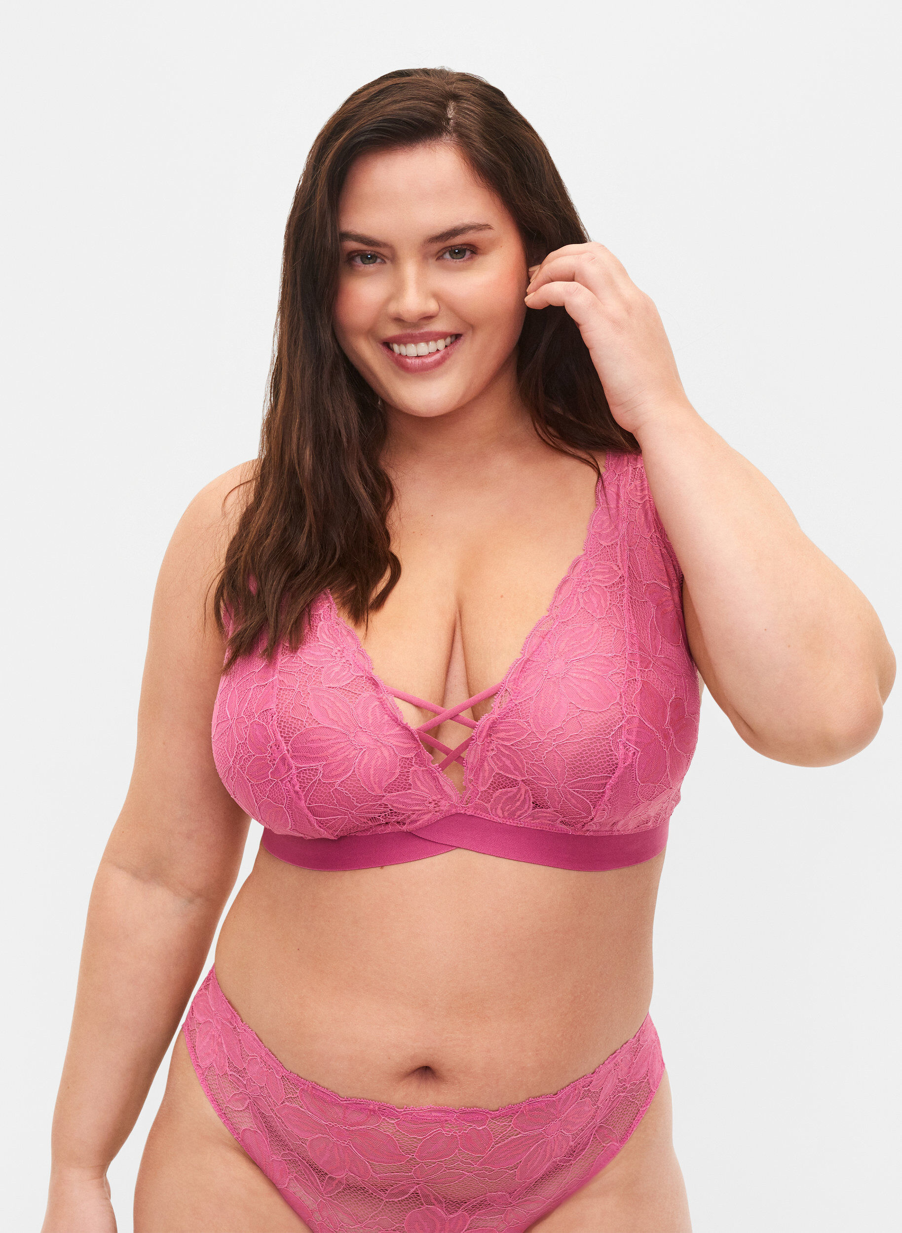 Zizzi Support the breasts - Lace bra with thong details, Rose, Model image number 0