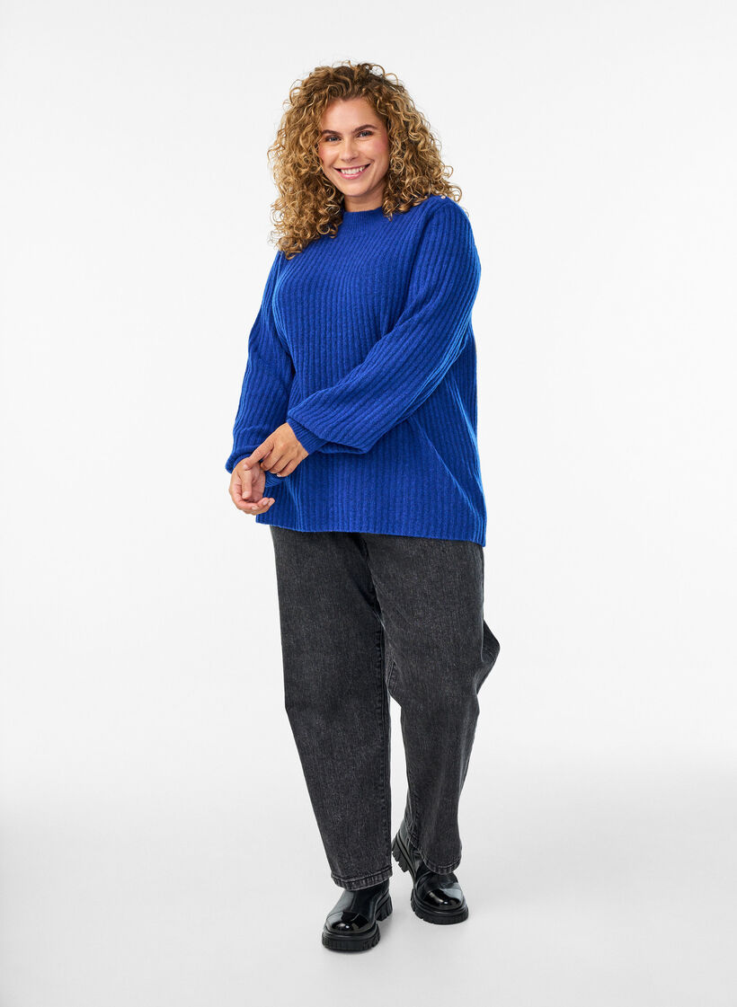 Prazkowany sweter z bufiastymi rekawami i guzikami, Niebieskie, Model image number 1