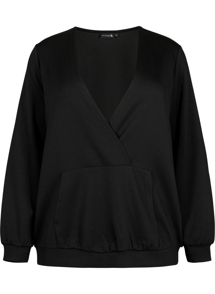Bluza z dekoltem w szpic i kieszenia, Black, Packshot image number 0