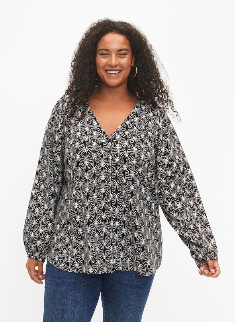 Bluzka koszulowa z dekoltem w serek i nadrukiem, Birch Graphic AOP, Model image number 0