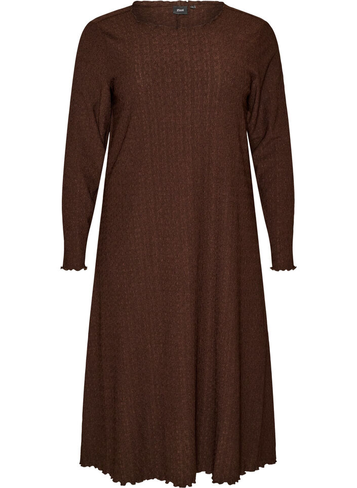 Sukienka midi o pofalowanej strukturze z dlugim rekawem, Brązowy, Packshot image number 0