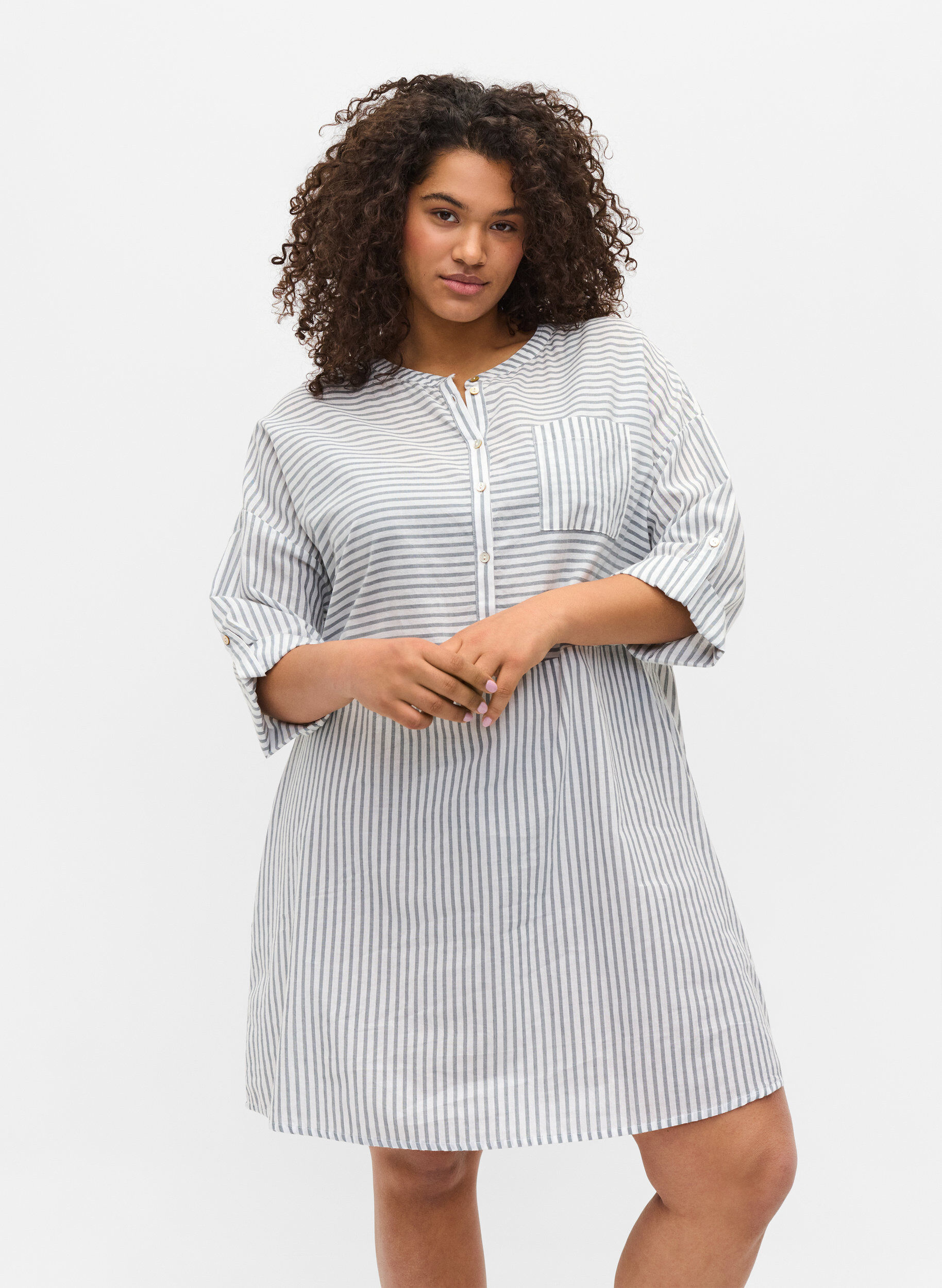Zizzi Striped tunic with buttons and 3/4-sleeves, Trooper Stripe, Model image number 0