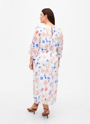 Kwiecista plisowana sukienka ze sznurkiem, White/Blue Floral, Model image number 1