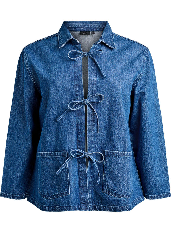 Zawiazywana kurtka jeansowa z kieszeniami, Blue Denim, Packshot image number 0
