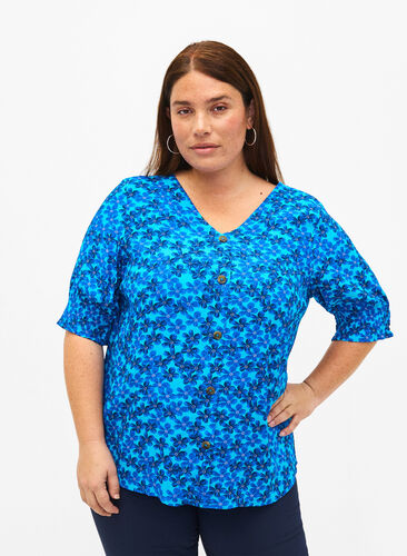 Wiskozowa bluzka z guzikami, Blue Small Flower, Model image number 0