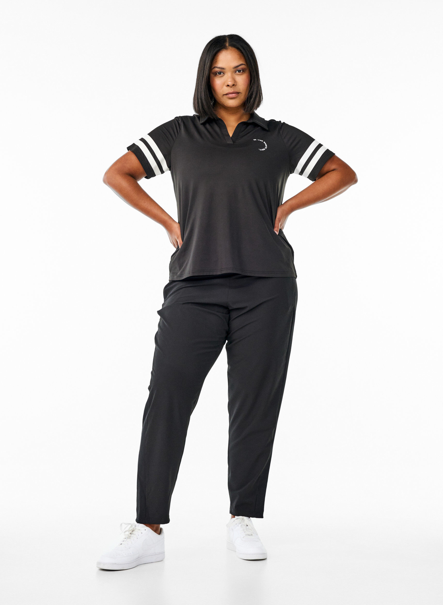 Zizzi Sportowa koszulka polo z paskami, Czarne, Model image number 1