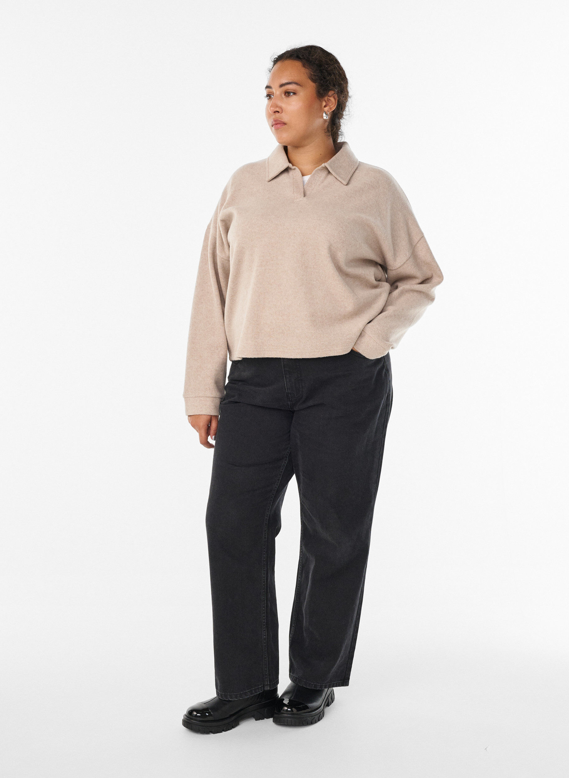 Zizzi Bluzka z dzianiny z kolnierzykiem i dekoltem w ksztalcie litery V, Beżowy, Model image number 1