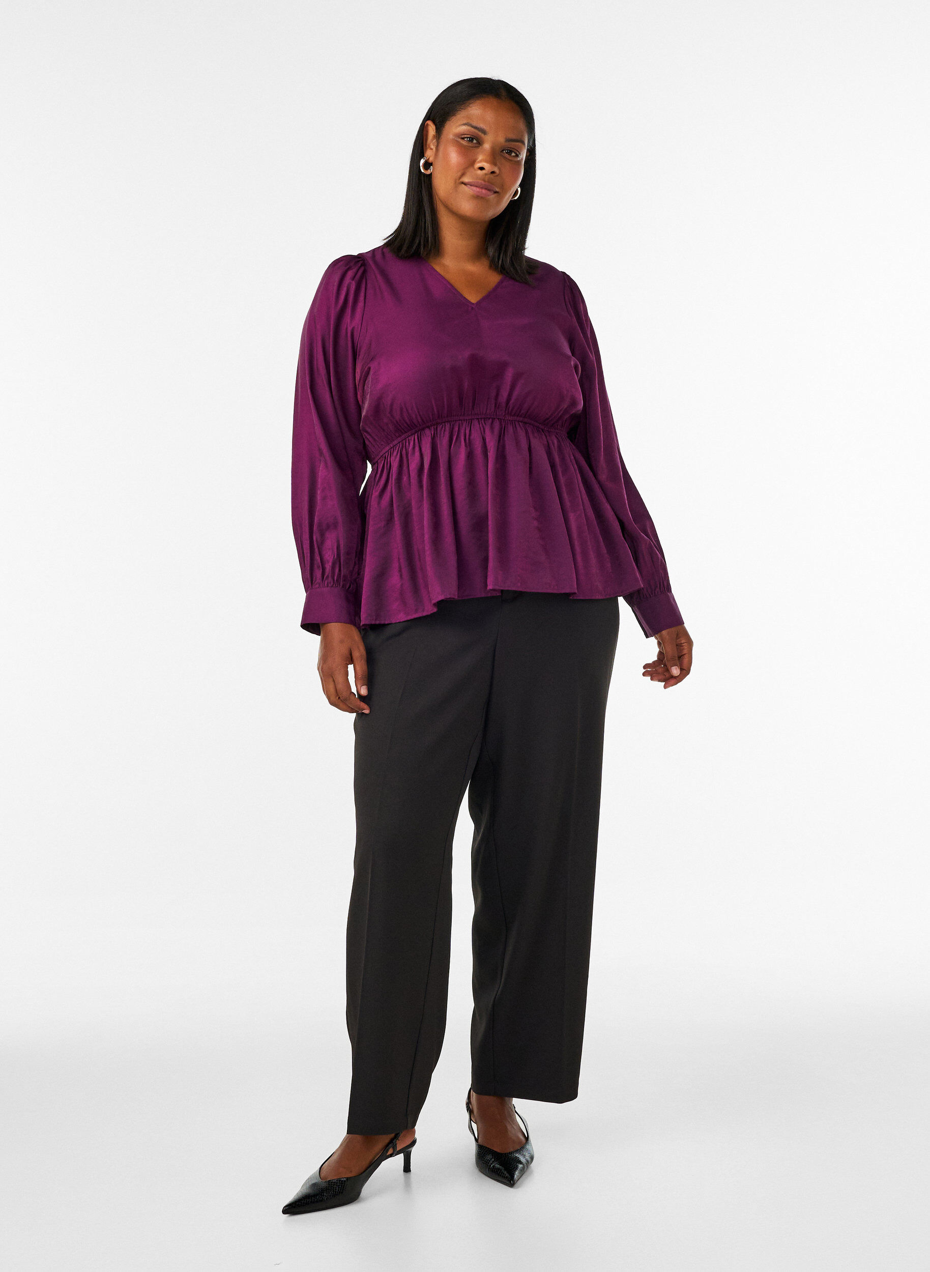 ZizziBlyszczaca bluzka z wiskozy z efektem peplum, Fioletowy, Model image number 1