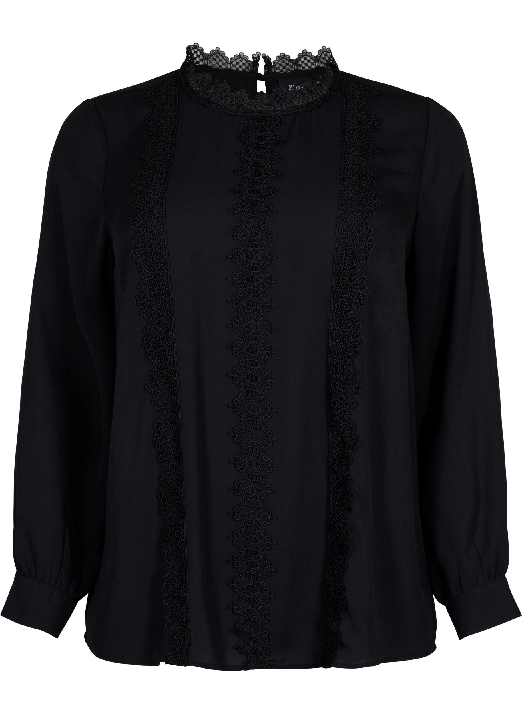 Zizzi Long sleeved top with lace, Black, Packshot image number 0