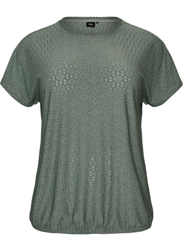 Bluzka z haftem angielskim i bufiastymi rekawami, Zielony, Packshot image number 0