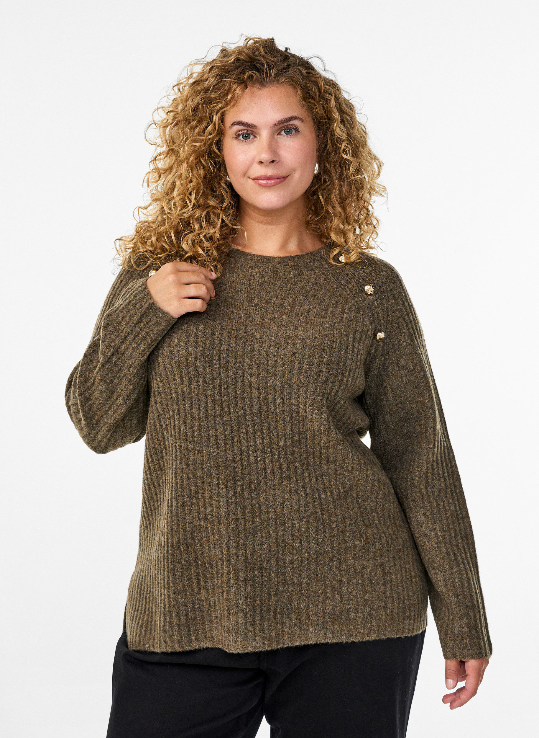 Zizzi Prazkowany sweter z ozdobnymi guzikami, Brązowy, Model image number 0