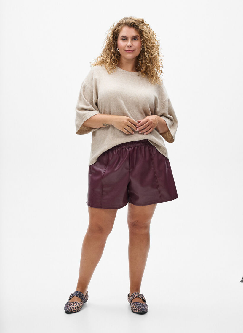 Luzna dzianinowa bluzka z kr&oacute;tkim rekawem, Beżowy, Model image number 1