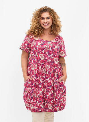 Bawelniana sukienka z nadrukiem i krótkimi rekawami, Raspberry S. Paisley, Model image number 0