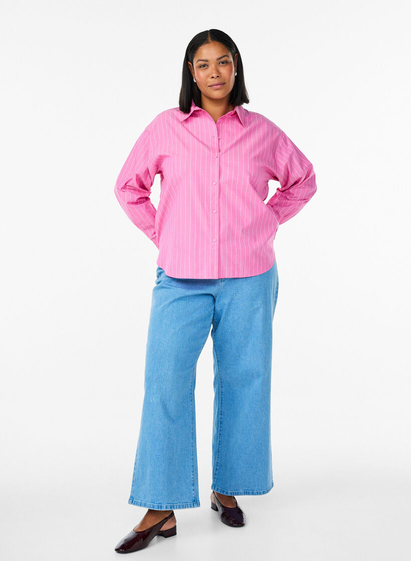 Bluzka koszula z cienkimi pionowymi paskami i kokardka z tylu, R&oacute;żowy, Model image number 1